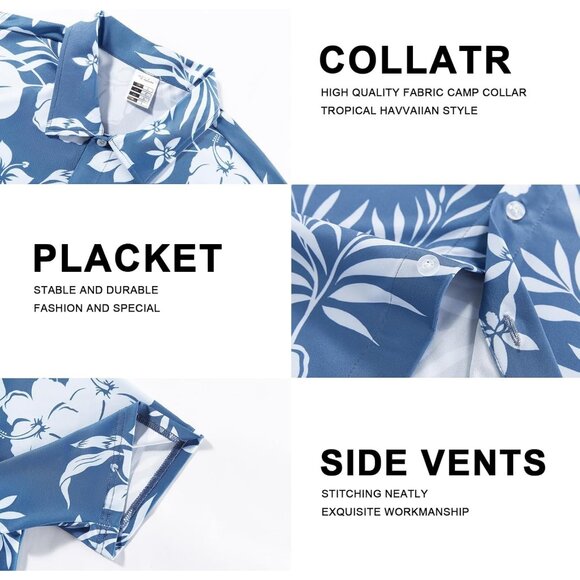 Men Blue Hawaiian Wrinkle Free Short Sleeve Button Down Tropical Floral Shirt - Picture 5 of 5